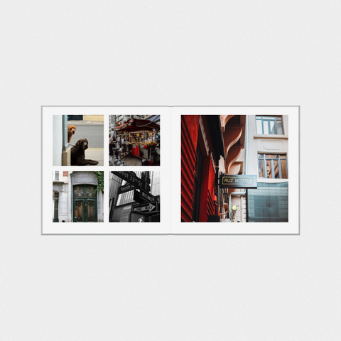 A mix of wide scenic shots, details (food, signs, doors, hands), and people. Books that are only landscapes feel impersonal.