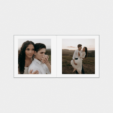 First half: photo spreads. Engagement session, a "how we met" page, a portrait of the two of you