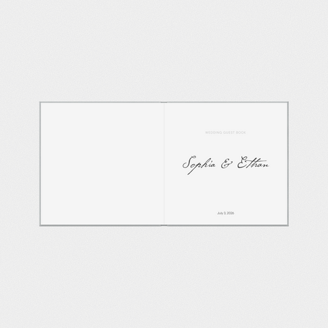 Opening spread: your names, the wedding date, and a short note welcoming guests to sign