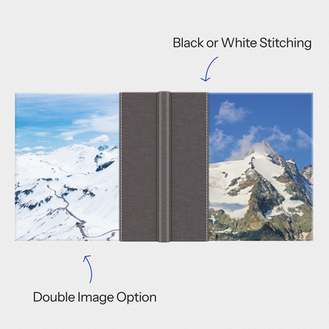 Angled view of combo cover layflat photo book open to a portrait spread