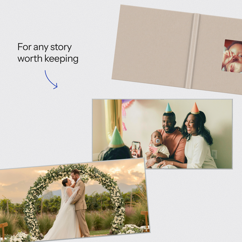 Cameo cover heirloom album lifestyle shot with wedding and family photos