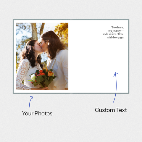 Closed combo cover layflat photo book, front view, fabric and photo inset