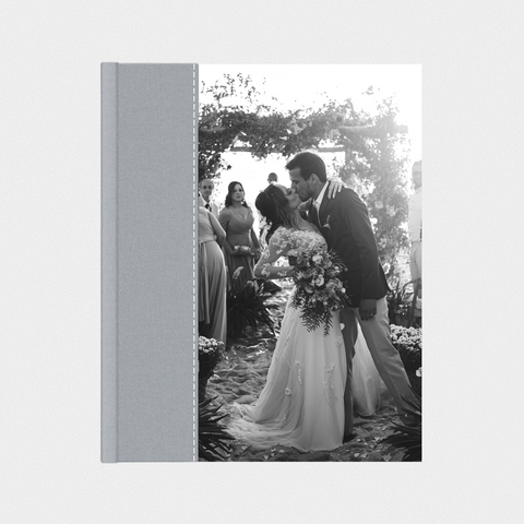 Custom layflat photo book with combo cover — fabric spine and photo panel