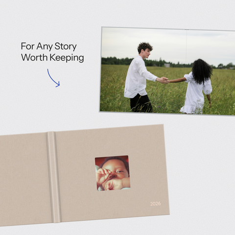 Open cameo cover layflat photo book showing a seamless 180° spread