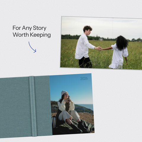 Open combo cover layflat photo book showing a seamless 180° wedding spread