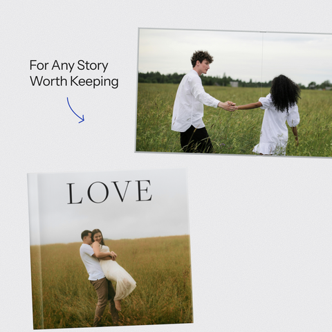 Open layflat photo book with photo cover showing a seamless two-page spread